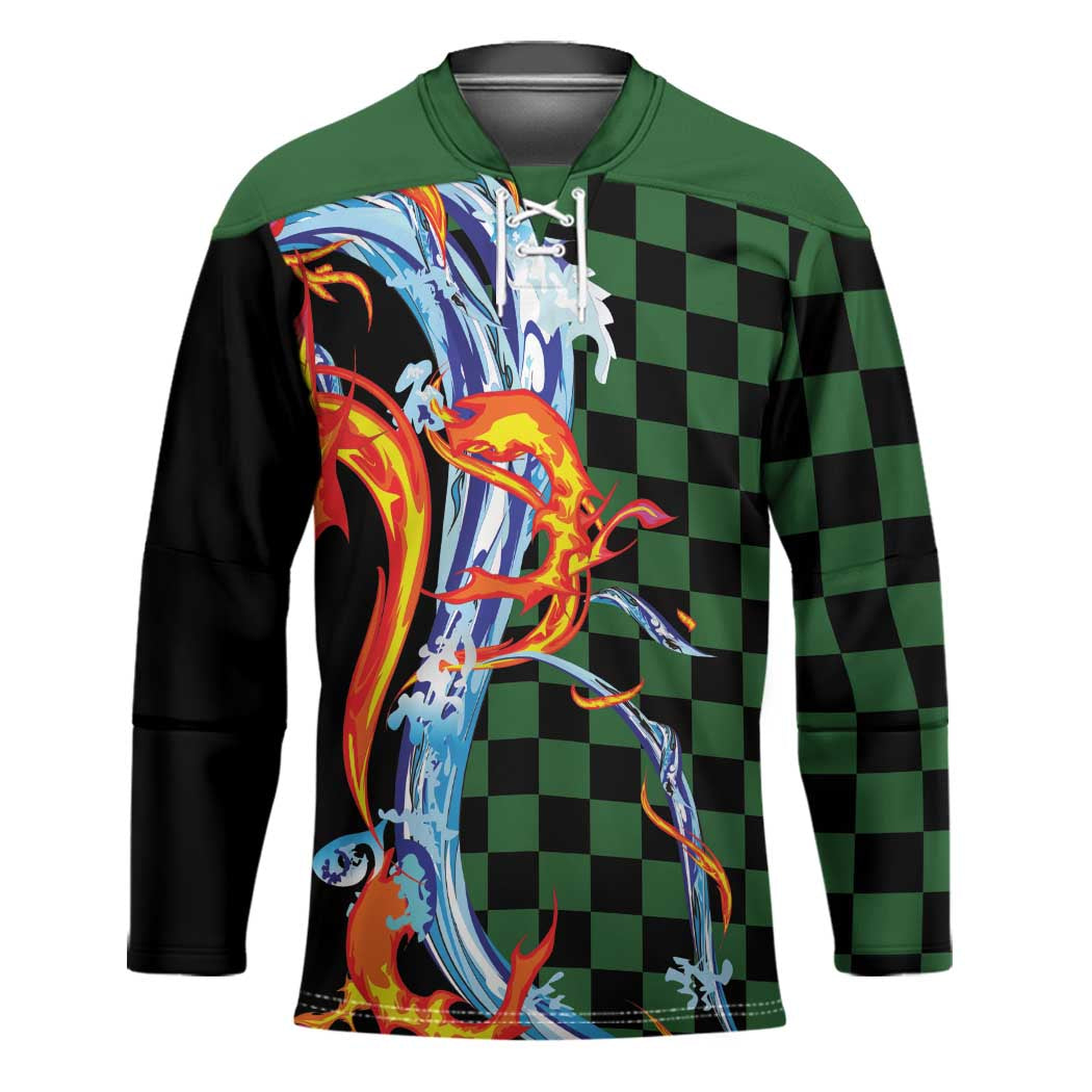 Japanese Asanoha Pattern Hockey Jersey Sun Flame Slayer Dragon Hinokami Kagura Spirit LT9 Unisex Green - Polynesian Pride