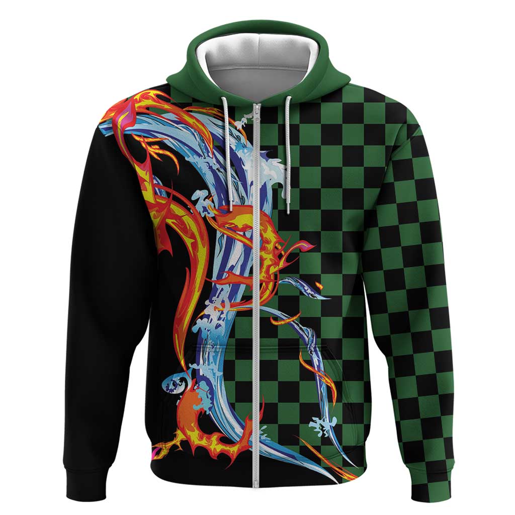 Japanese Asanoha Pattern Hoodie Sun Flame Slayer Dragon Hinokami Kagura Spirit LT9 Zip Hoodie Green - Polynesian Pride