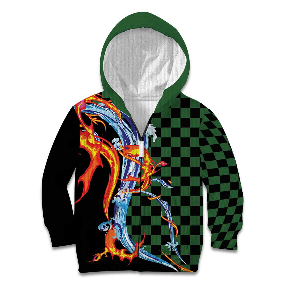 Japanese Asanoha Pattern Kid Hoodie Sun Flame Slayer Dragon Hinokami Kagura Spirit LT9 Zip Hoodie Green - Polynesian Pride