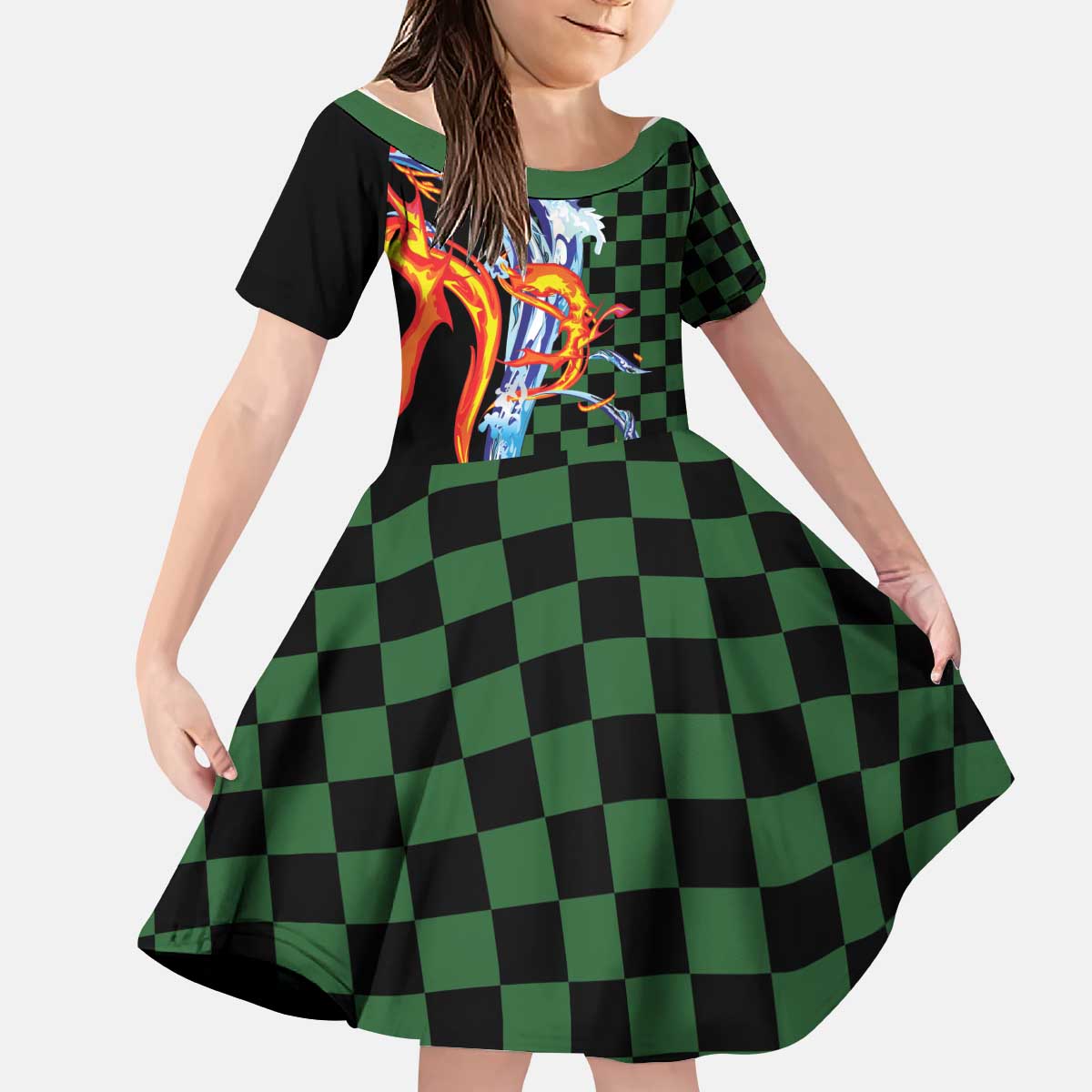 Japanese Asanoha Pattern Kid Short Sleeve Dress Sun Flame Slayer Dragon Hinokami Kagura Spirit LT9 KID Green - Polynesian Pride