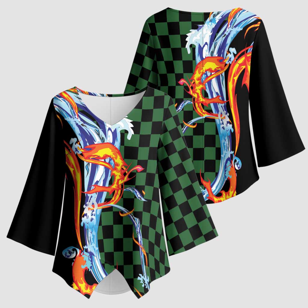 Japanese Asanoha Pattern Kimono Sleeve Blouse Sun Flame Slayer Dragon Hinokami Kagura Spirit LT9 - Polynesian Pride