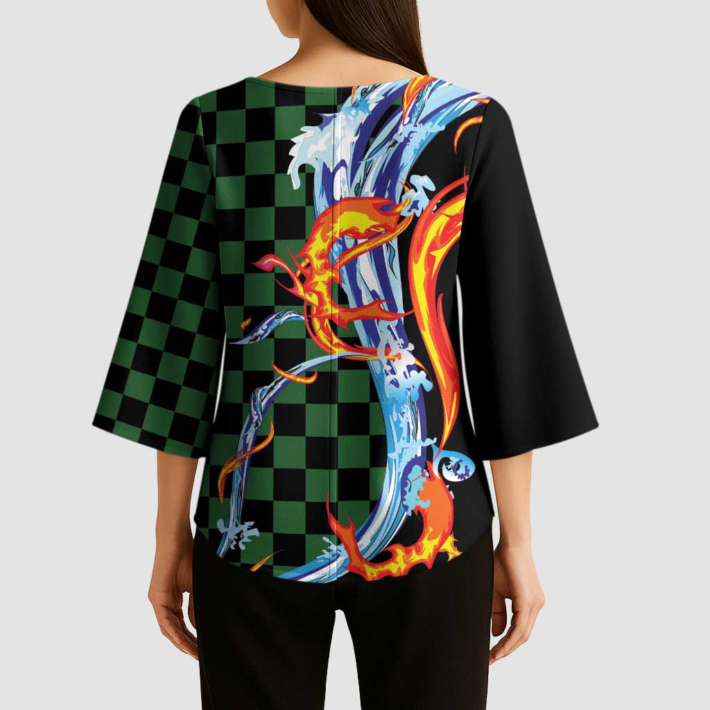 Japanese Asanoha Pattern Kimono Sleeve Blouse Sun Flame Slayer Dragon Hinokami Kagura Spirit LT9 - Polynesian Pride