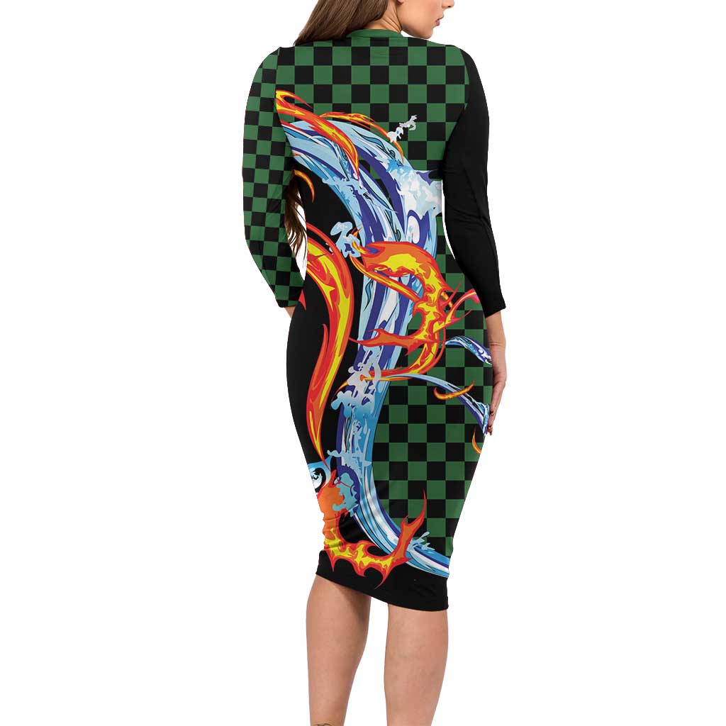 Japanese Asanoha Pattern Long Sleeve Bodycon Dress Sun Flame Slayer Dragon Hinokami Kagura Spirit LT9 - Polynesian Pride