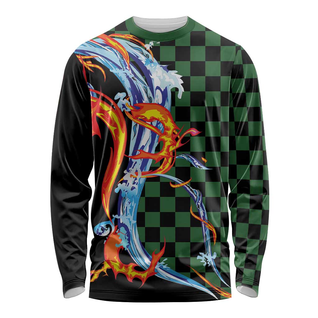 Japanese Asanoha Pattern Long Sleeve Shirt Sun Flame Slayer Dragon Hinokami Kagura Spirit LT9 Unisex Green - Polynesian Pride