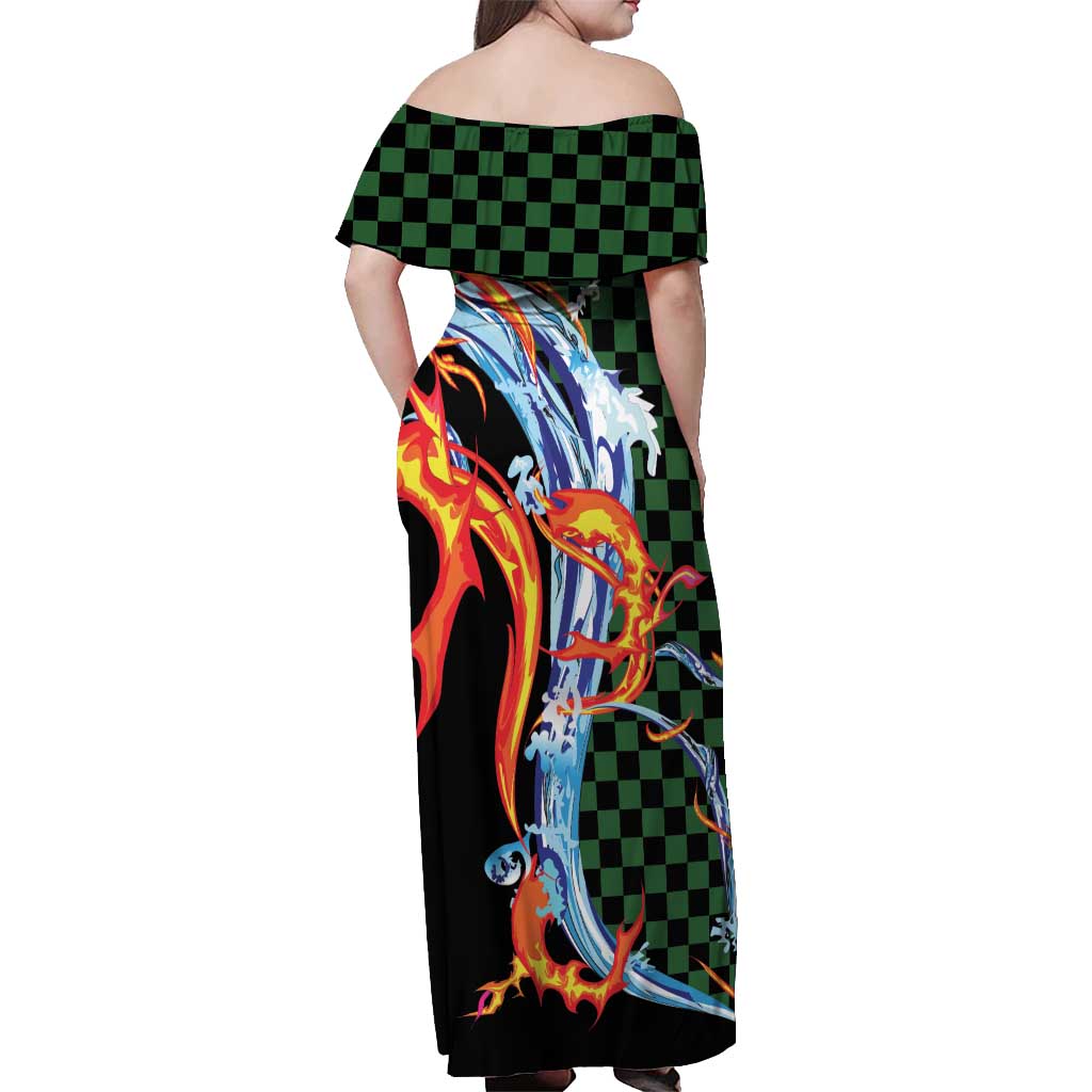 Japanese Asanoha Pattern Off Shoulder Maxi Dress Sun Flame Slayer Dragon Hinokami Kagura Spirit LT9 - Polynesian Pride