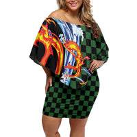 Japanese Asanoha Pattern Off Shoulder Short Dress Sun Flame Slayer Dragon Hinokami Kagura Spirit LT9 Women Green - Polynesian Pride