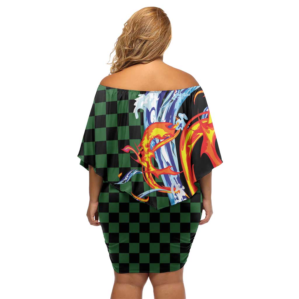 Japanese Asanoha Pattern Off Shoulder Short Dress Sun Flame Slayer Dragon Hinokami Kagura Spirit LT9 - Polynesian Pride