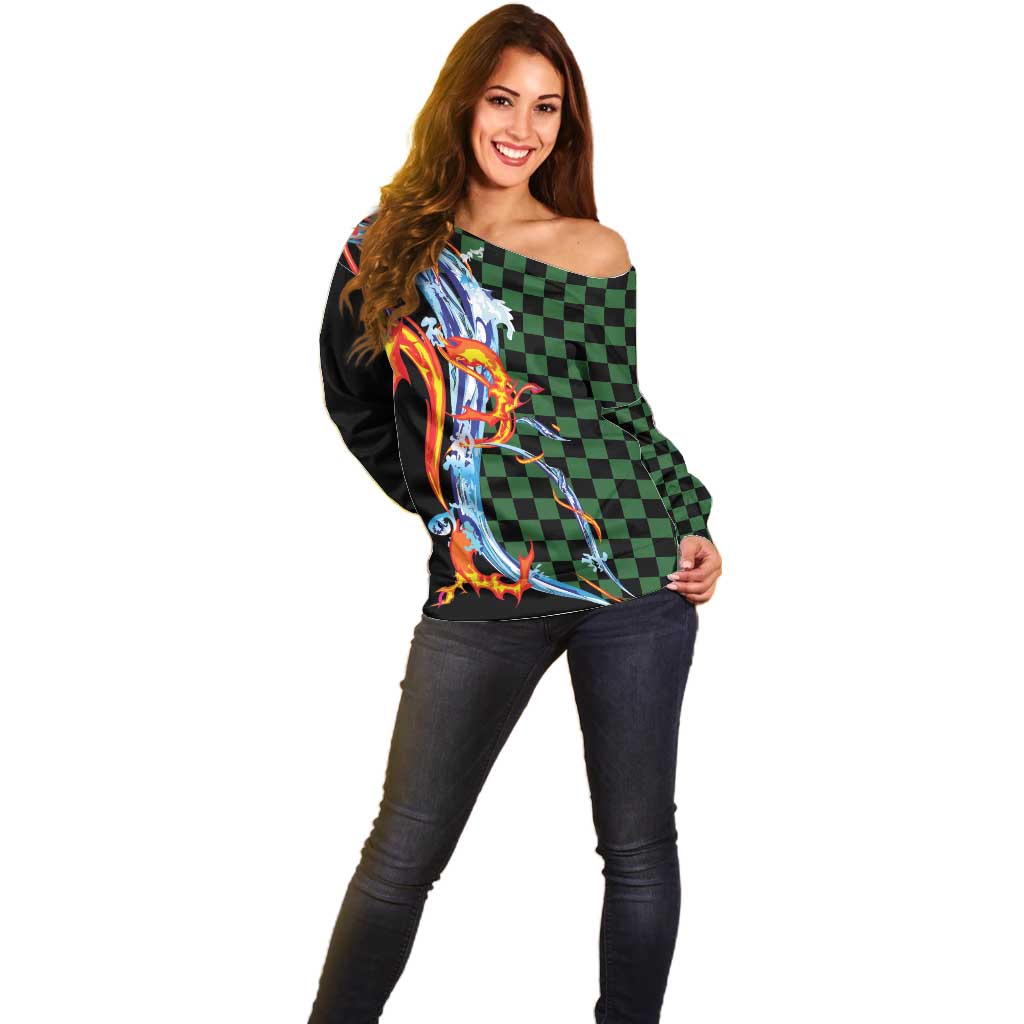 Japanese Asanoha Pattern Off Shoulder Sweater Sun Flame Slayer Dragon Hinokami Kagura Spirit - Polynesian Pride