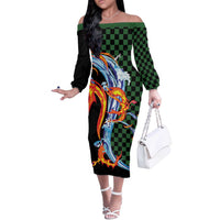 Japanese Asanoha Pattern Off The Shoulder Long Sleeve Dress Sun Flame Slayer Dragon Hinokami Kagura Spirit LT9 Women Green - Polynesian Pride