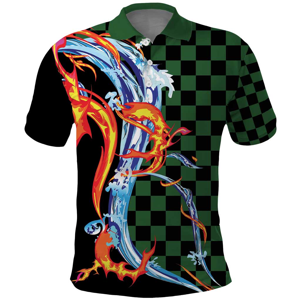 Japanese Asanoha Pattern Polo Shirt Sun Flame Slayer Dragon Hinokami Kagura Spirit LT9 Green - Polynesian Pride