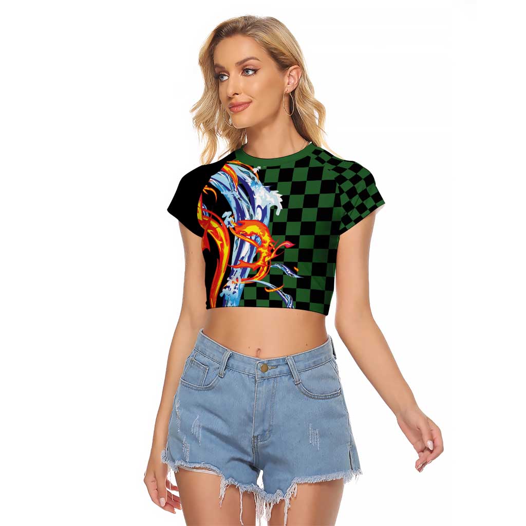Japanese Asanoha Pattern Raglan Cropped T Shirt Sun Flame Slayer Dragon Hinokami Kagura Spirit LT9 Female Green - Polynesian Pride