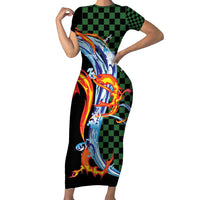 Japanese Asanoha Pattern Short Sleeve Bodycon Dress Sun Flame Slayer Dragon Hinokami Kagura Spirit LT9 Long Dress Green - Polynesian Pride