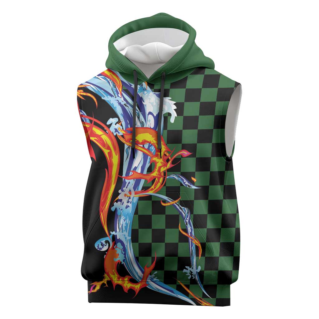 Japanese Asanoha Pattern Sleeveless Hoodie Sun Flame Slayer Dragon Hinokami Kagura Spirit - Polynesian Pride