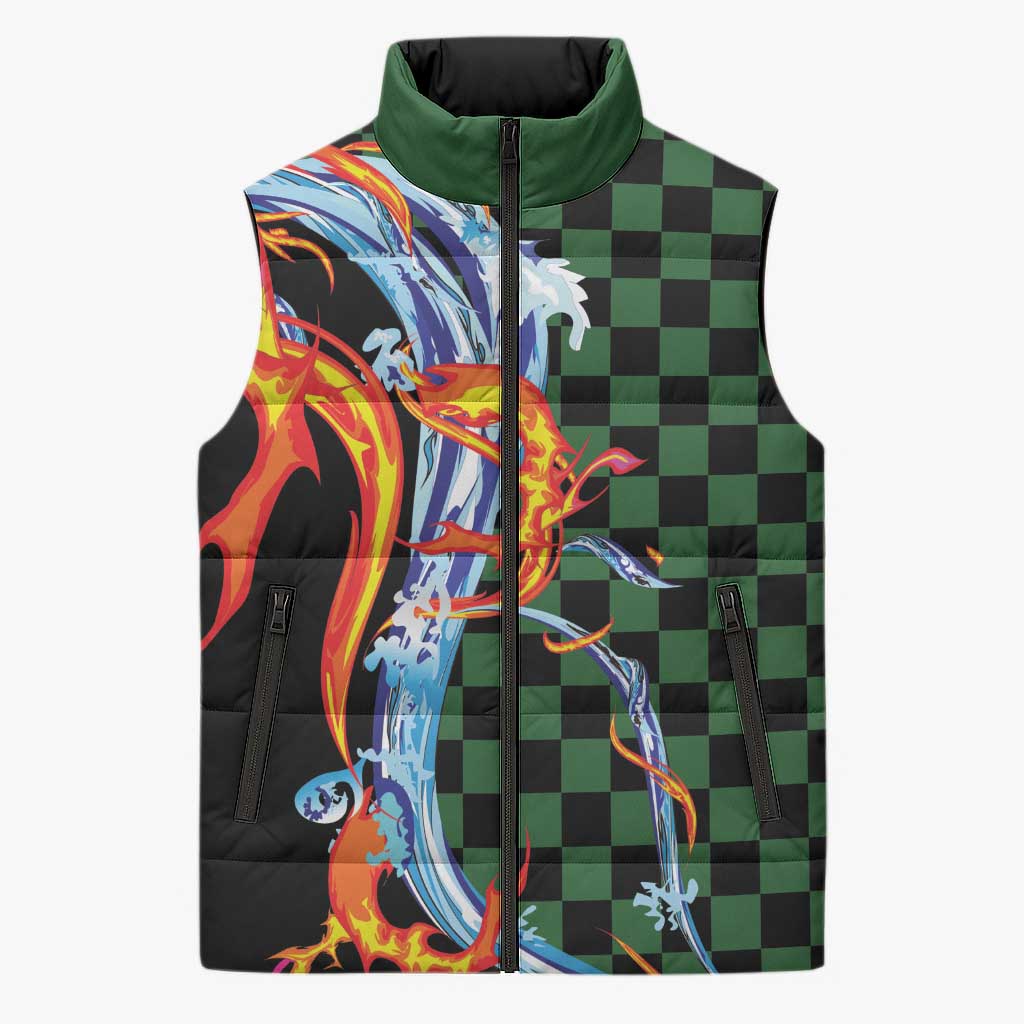 Japanese Asanoha Pattern Sleeveless Puffer Jacket Sun Flame Slayer Dragon Hinokami Kagura Spirit - Polynesian Pride