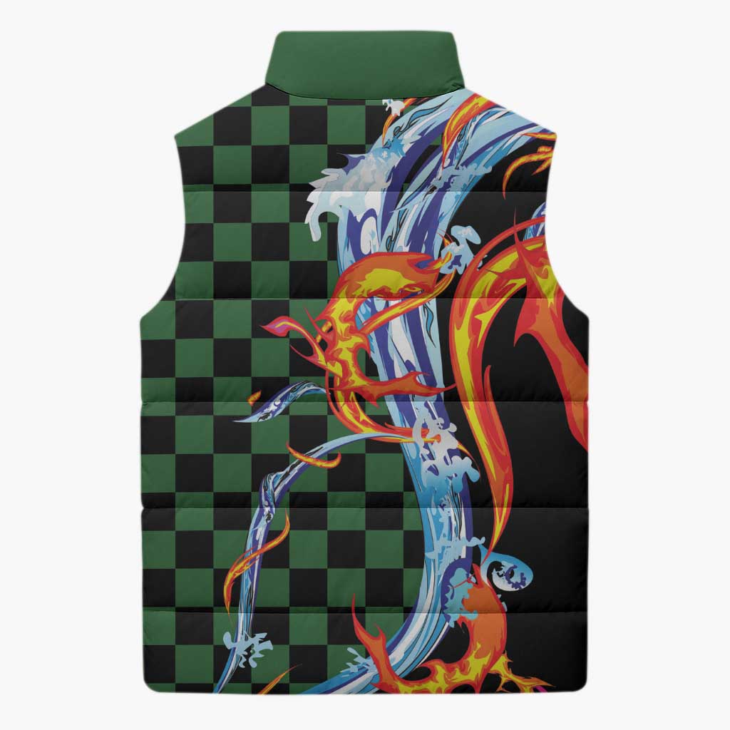 Japanese Asanoha Pattern Sleeveless Puffer Jacket Sun Flame Slayer Dragon Hinokami Kagura Spirit - Polynesian Pride