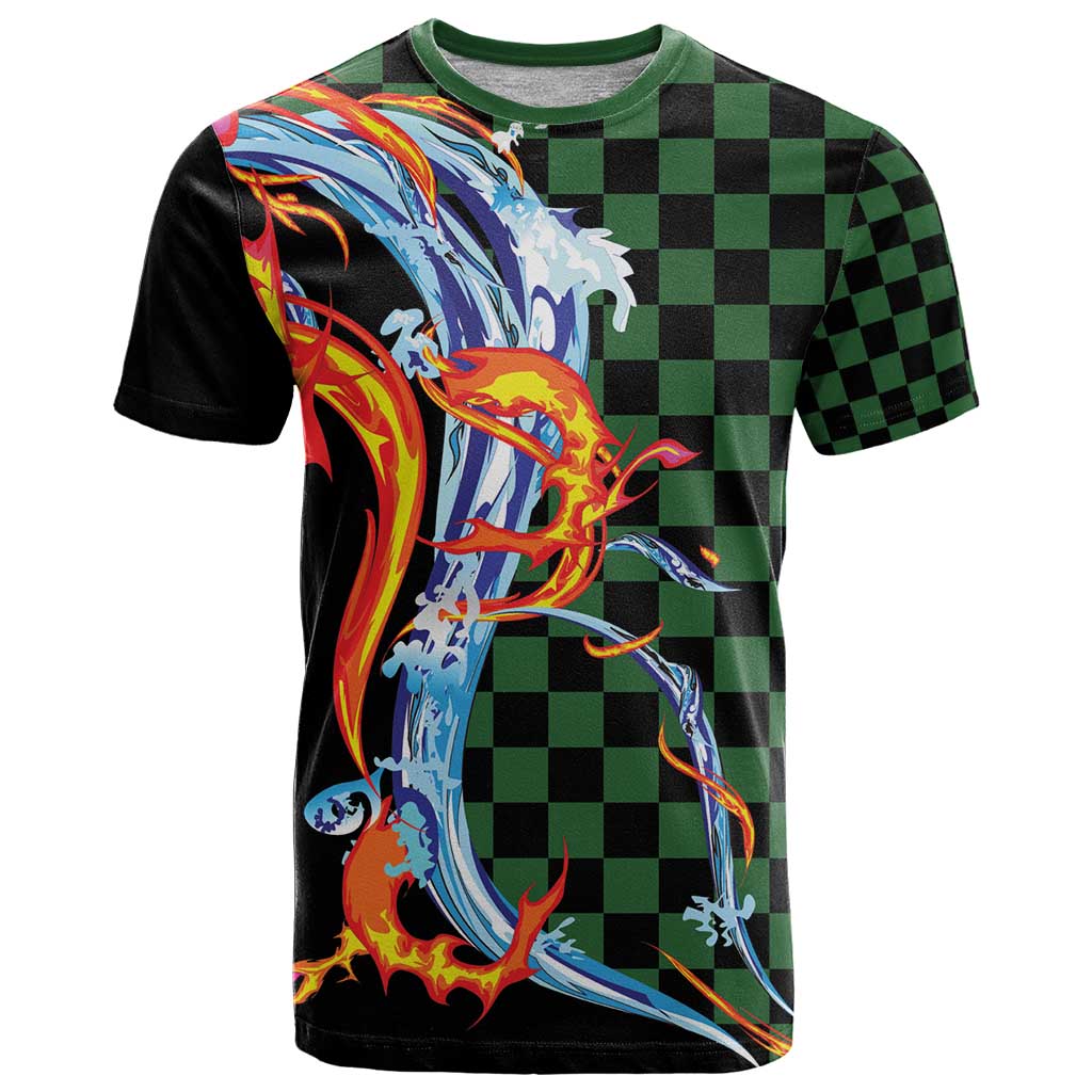 Japanese Asanoha Pattern T Shirt Sun Flame Slayer Dragon Hinokami Kagura Spirit LT9 Green - Polynesian Pride