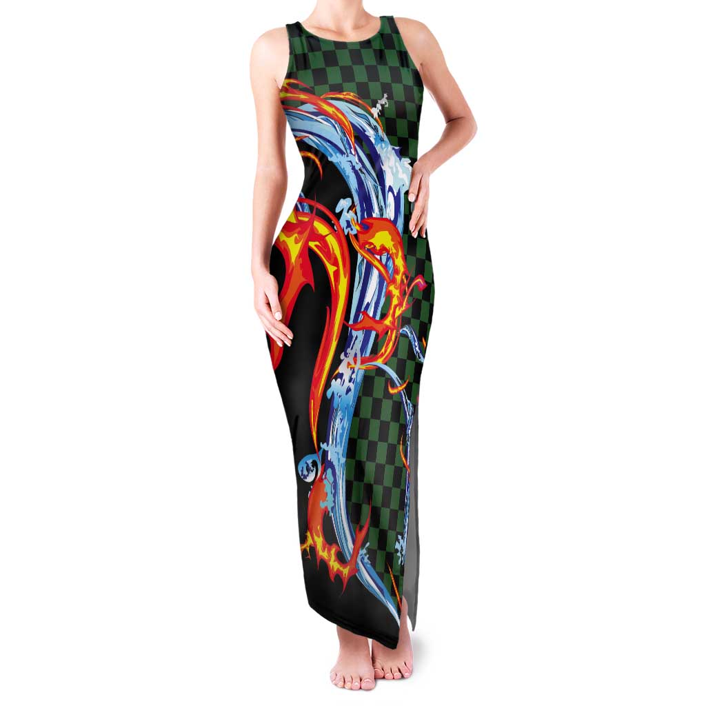 Japanese Asanoha Pattern Tank Maxi Dress Sun Flame Slayer Dragon Hinokami Kagura Spirit LT9 Women Green - Polynesian Pride