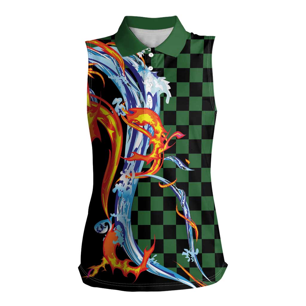 Japanese Asanoha Pattern Women Sleeveless Polo Shirt Sun Flame Slayer Dragon Hinokami Kagura Spirit LT9 Female Green - Polynesian Pride