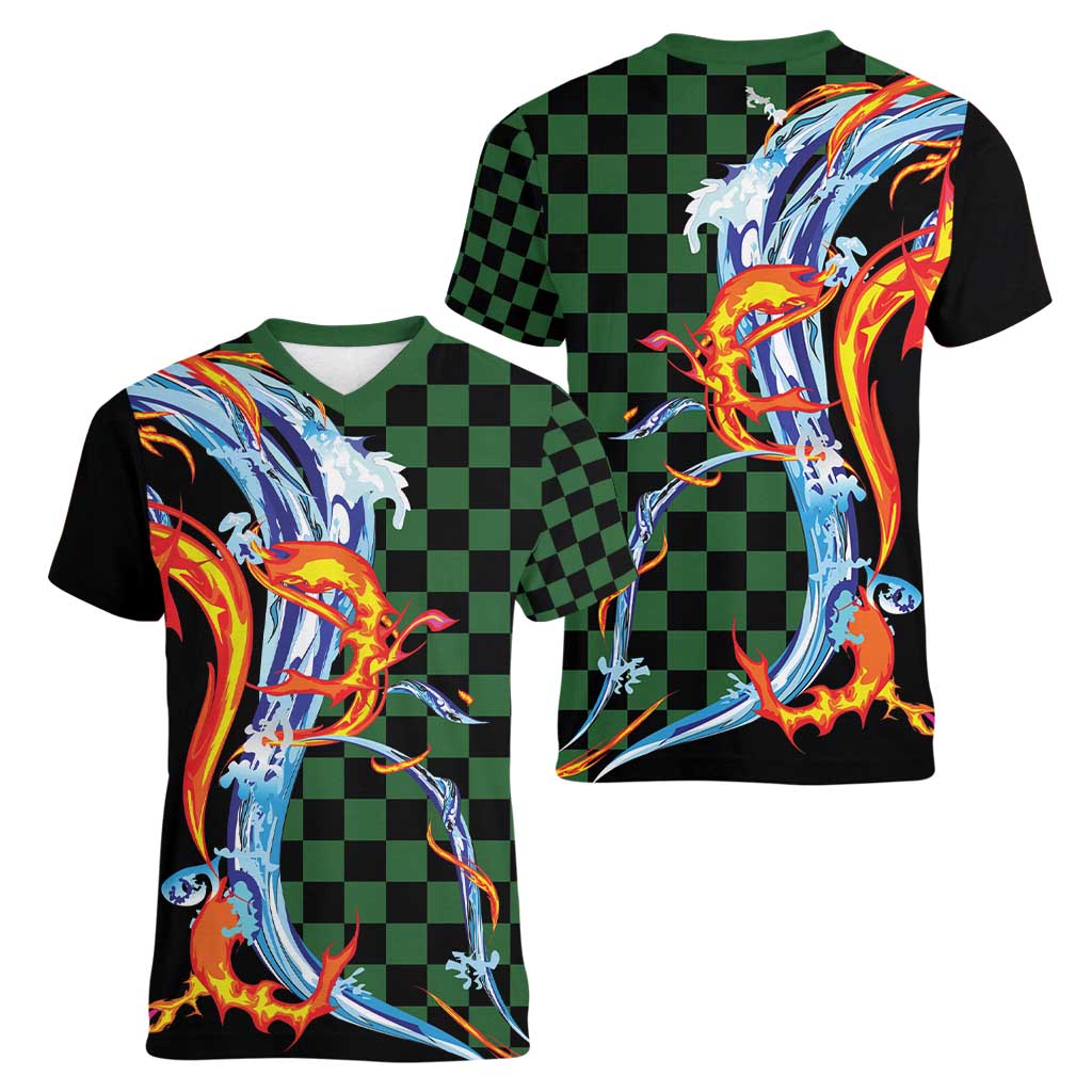 Japanese Asanoha Pattern Women V-Neck T-Shirt Sun Flame Slayer Dragon Hinokami Kagura Spirit LT9 - Polynesian Pride
