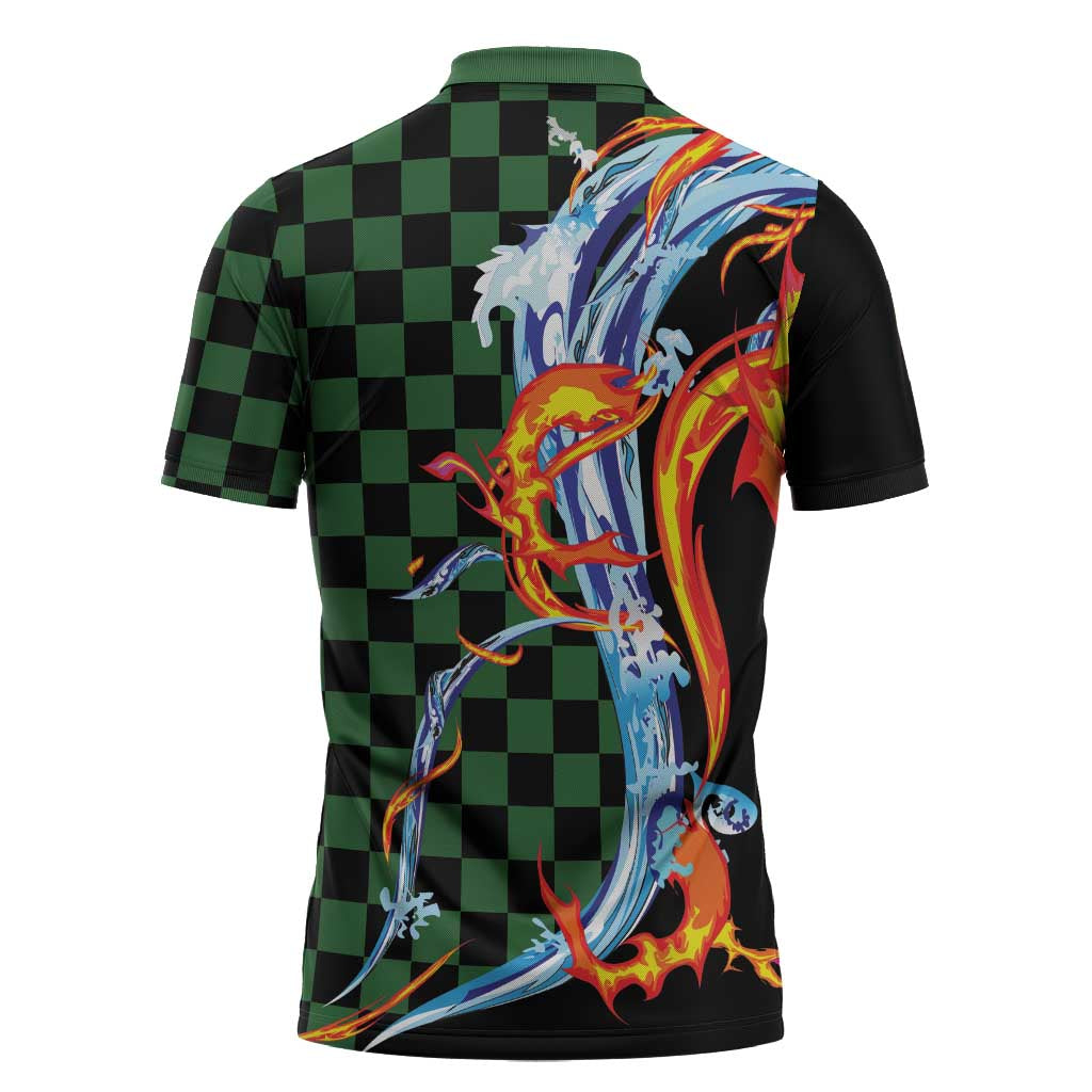 Japanese Asanoha Pattern Zipper Polo Shirt Sun Flame Slayer Dragon Hinokami Kagura Spirit LT9 - Polynesian Pride