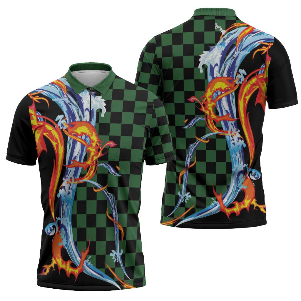 Japanese Asanoha Pattern Zipper Polo Shirt Sun Flame Slayer Dragon Hinokami Kagura Spirit LT9 - Polynesian Pride