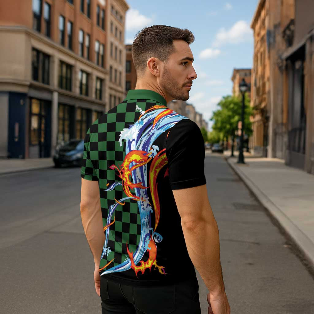 Japanese Asanoha Pattern Zipper Polo Shirt Sun Flame Slayer Dragon Hinokami Kagura Spirit LT9 - Polynesian Pride