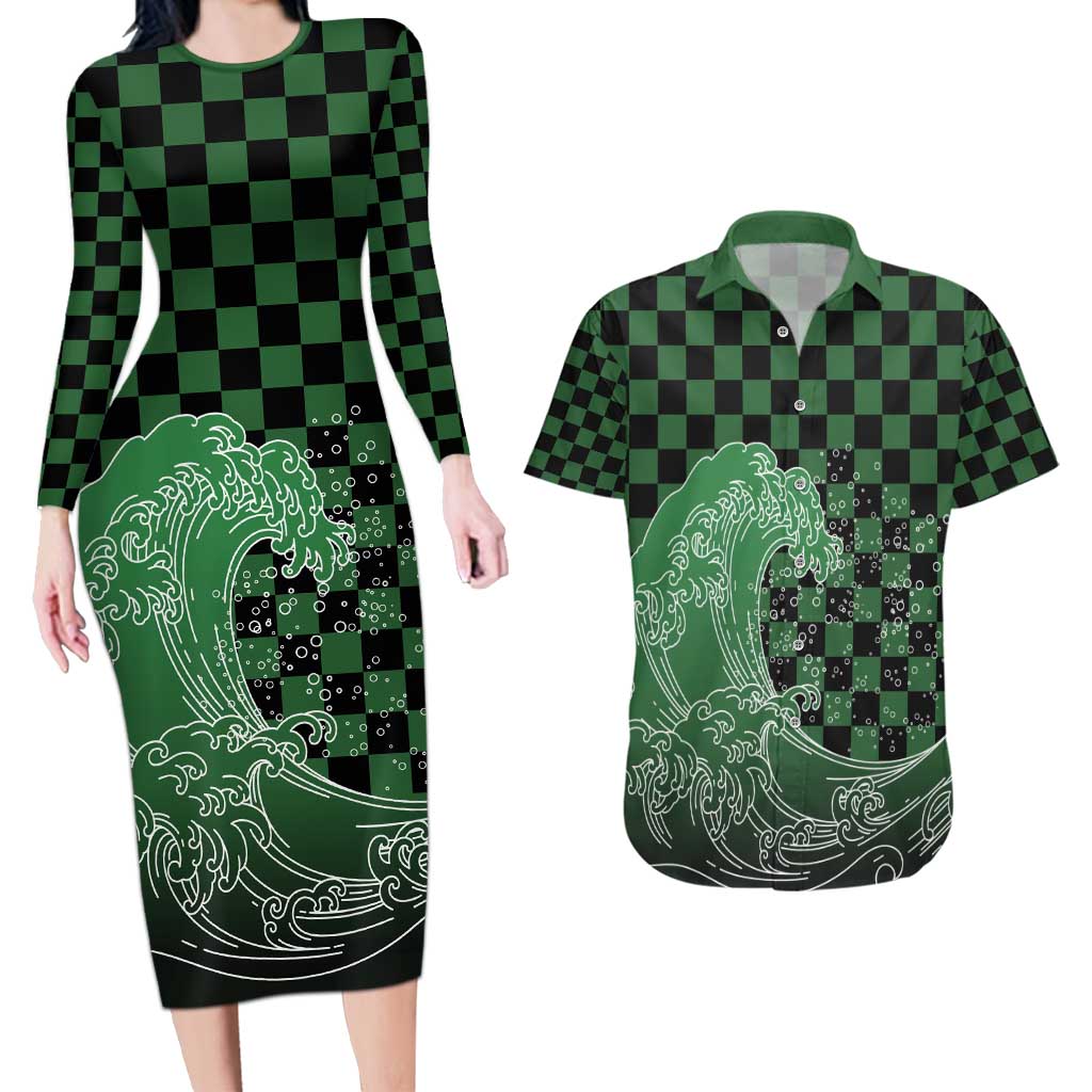 Japanese Asanoha Pattern Couples Matching Long Sleeve Bodycon Dress and Hawaiian Shirt Water Breathing Slayer Dragon LT9 Green - Polynesian Pride