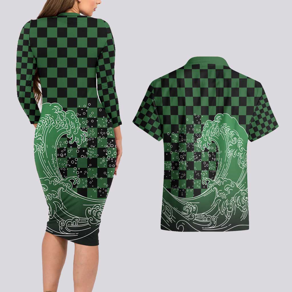 Japanese Asanoha Pattern Couples Matching Long Sleeve Bodycon Dress and Hawaiian Shirt Water Breathing Slayer Dragon LT9 - Polynesian Pride