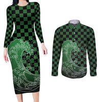 Japanese Asanoha Pattern Couples Matching Long Sleeve Bodycon Dress and Long Sleeve Button Shirt Water Breathing Slayer Dragon LT9 Green - Polynesian Pride