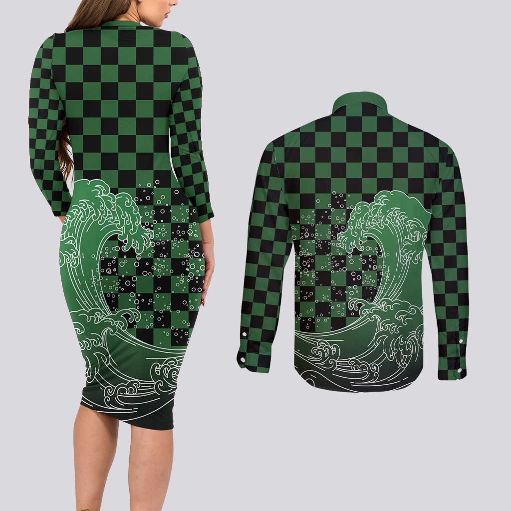 Japanese Asanoha Pattern Couples Matching Long Sleeve Bodycon Dress and Long Sleeve Button Shirt Water Breathing Slayer Dragon LT9 - Polynesian Pride