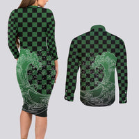 Japanese Asanoha Pattern Couples Matching Long Sleeve Bodycon Dress and Long Sleeve Button Shirt Water Breathing Slayer Dragon LT9 - Polynesian Pride