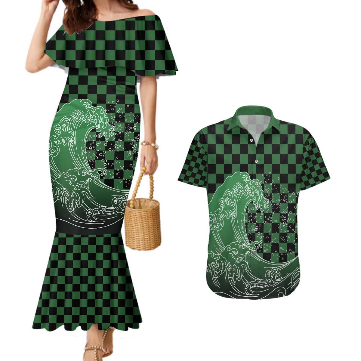 Japanese Asanoha Pattern Couples Matching Mermaid Dress and Hawaiian Shirt Water Breathing Slayer Dragon LT9 Green - Polynesian Pride