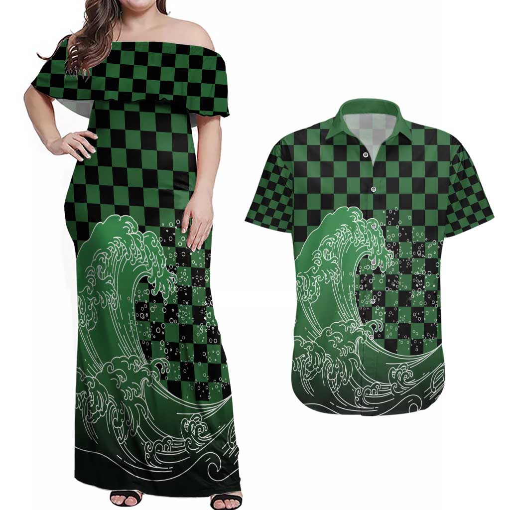 Japanese Asanoha Pattern Couples Matching Off Shoulder Maxi Dress and Hawaiian Shirt Water Breathing Slayer Dragon LT9 Green - Polynesian Pride