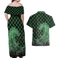 Japanese Asanoha Pattern Couples Matching Off Shoulder Maxi Dress and Hawaiian Shirt Water Breathing Slayer Dragon LT9 - Polynesian Pride