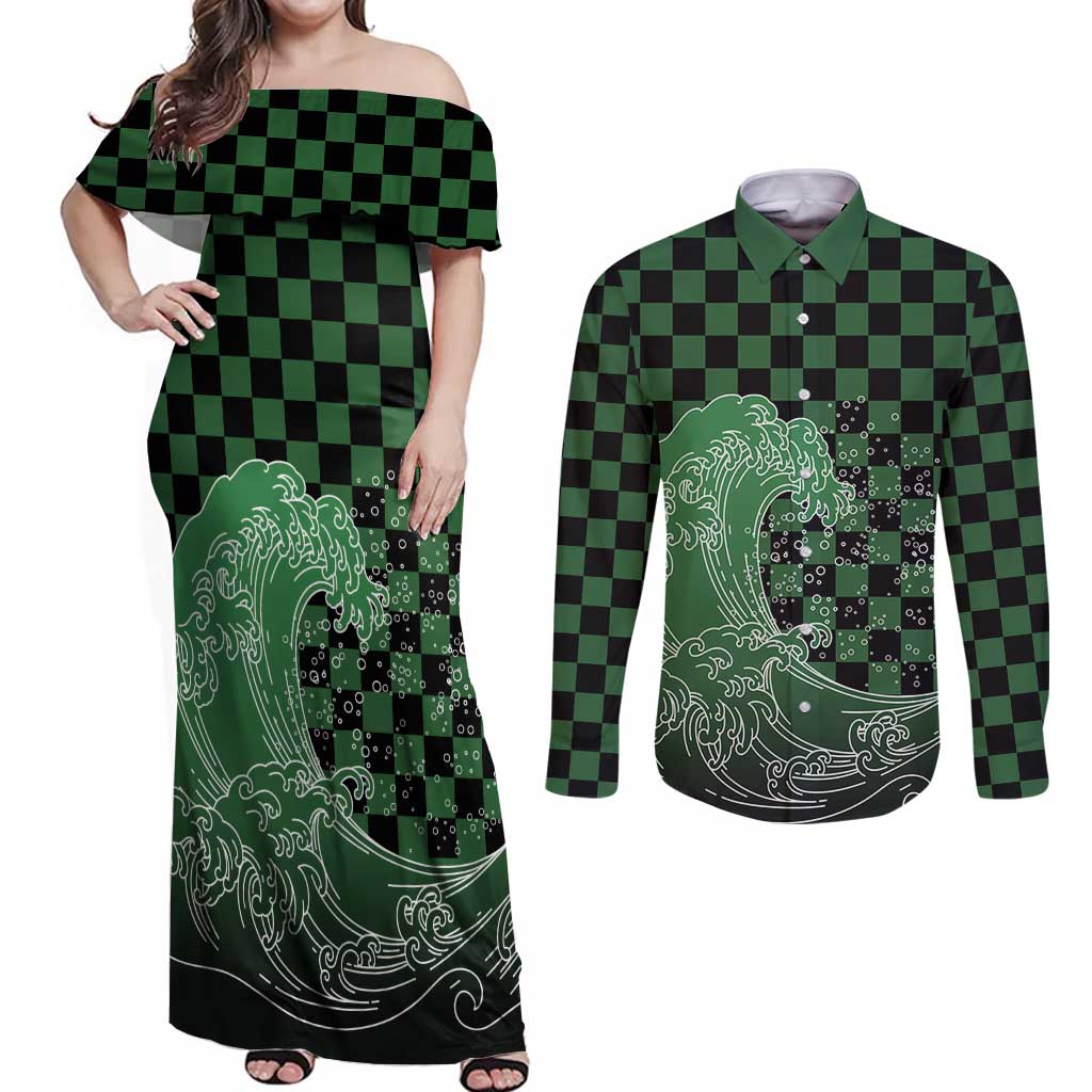 Japanese Asanoha Pattern Couples Matching Off Shoulder Maxi Dress and Long Sleeve Button Shirt Water Breathing Slayer Dragon LT9 Green - Polynesian Pride