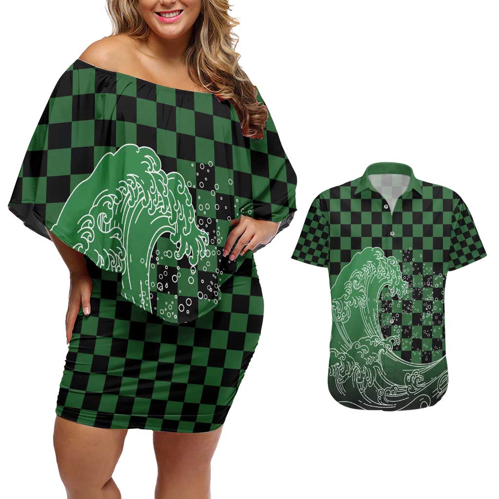 Japanese Asanoha Pattern Couples Matching Off Shoulder Short Dress and Hawaiian Shirt Water Breathing Slayer Dragon LT9 Green - Polynesian Pride