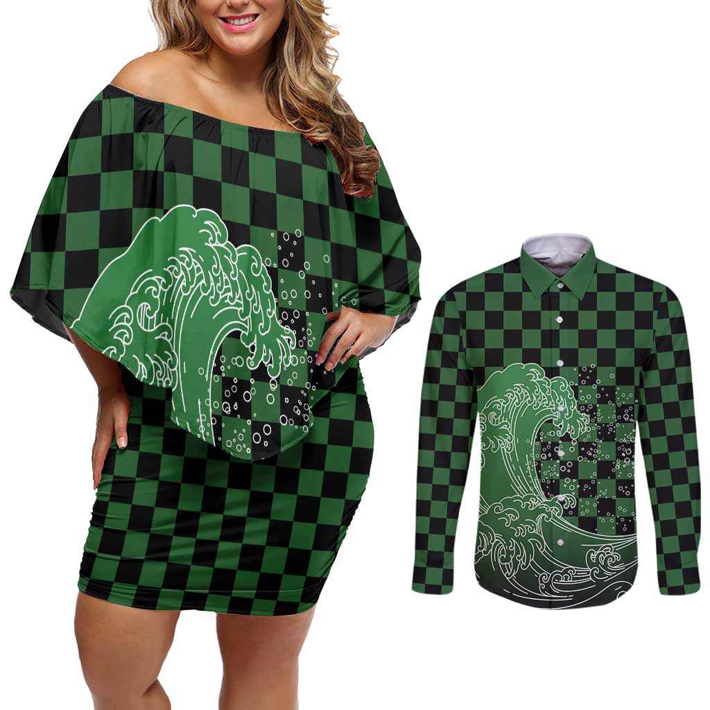Japanese Asanoha Pattern Couples Matching Off Shoulder Short Dress and Long Sleeve Button Shirt Water Breathing Slayer Dragon LT9 Green - Polynesian Pride