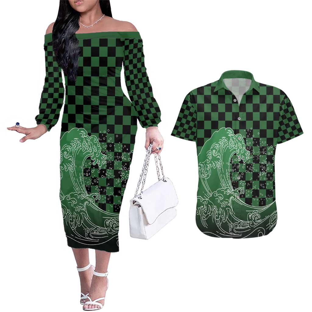 Japanese Asanoha Pattern Couples Matching Off The Shoulder Long Sleeve Dress and Hawaiian Shirt Water Breathing Slayer Dragon LT9 Green - Polynesian Pride