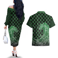Japanese Asanoha Pattern Couples Matching Off The Shoulder Long Sleeve Dress and Hawaiian Shirt Water Breathing Slayer Dragon LT9 - Polynesian Pride