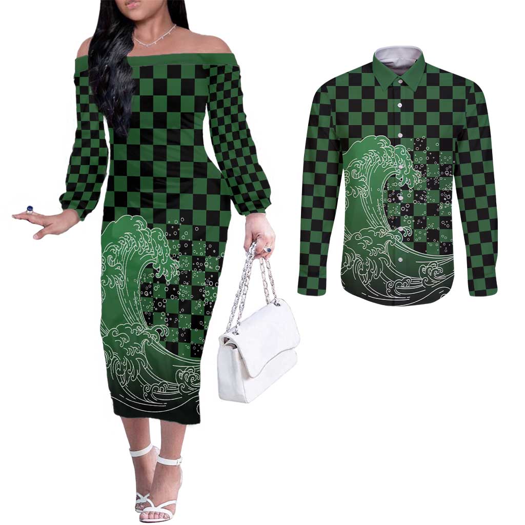 Japanese Asanoha Pattern Couples Matching Off The Shoulder Long Sleeve Dress and Long Sleeve Button Shirt Water Breathing Slayer Dragon LT9 Green - Polynesian Pride
