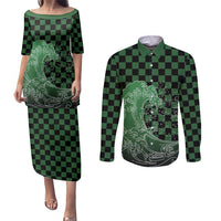 Japanese Asanoha Pattern Couples Matching Puletasi and Long Sleeve Button Shirt Water Breathing Slayer Dragon - Polynesian Pride