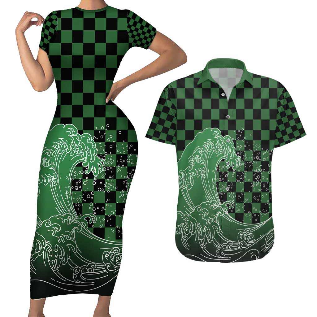 Japanese Asanoha Pattern Couples Matching Short Sleeve Bodycon Dress and Hawaiian Shirt Water Breathing Slayer Dragon LT9 Green - Polynesian Pride