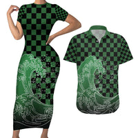 Japanese Asanoha Pattern Couples Matching Short Sleeve Bodycon Dress and Hawaiian Shirt Water Breathing Slayer Dragon LT9 Green - Polynesian Pride