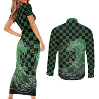 Japanese Asanoha Pattern Couples Matching Short Sleeve Bodycon Dress and Long Sleeve Button Shirt Water Breathing Slayer Dragon LT9 - Polynesian Pride