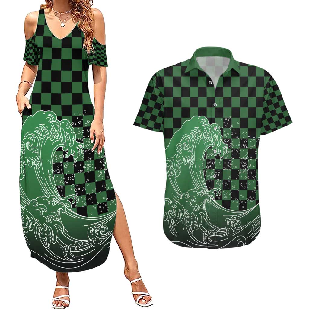 Japanese Asanoha Pattern Couples Matching Summer Maxi Dress and Hawaiian Shirt Water Breathing Slayer Dragon LT9 Green - Polynesian Pride