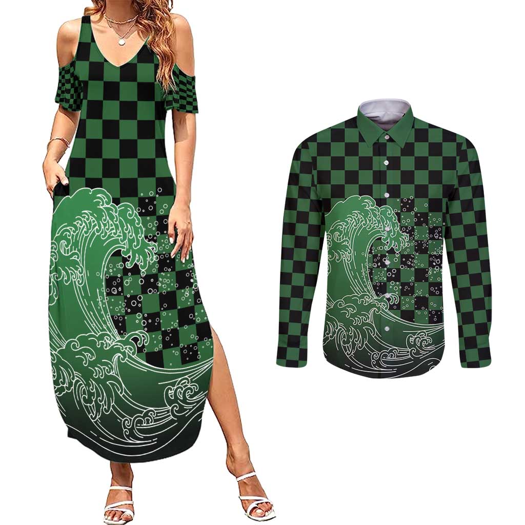 Japanese Asanoha Pattern Couples Matching Summer Maxi Dress and Long Sleeve Button Shirt Water Breathing Slayer Dragon LT9 Green - Polynesian Pride