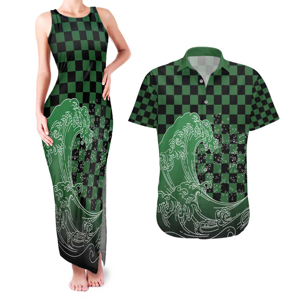 Japanese Asanoha Pattern Couples Matching Tank Maxi Dress and Hawaiian Shirt Water Breathing Slayer Dragon LT9 Green - Polynesian Pride