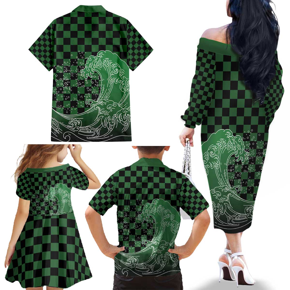 Japanese Asanoha Pattern Family Matching Off The Shoulder Long Sleeve Dress and Hawaiian Shirt Water Breathing Slayer Dragon LT9 - Polynesian Pride