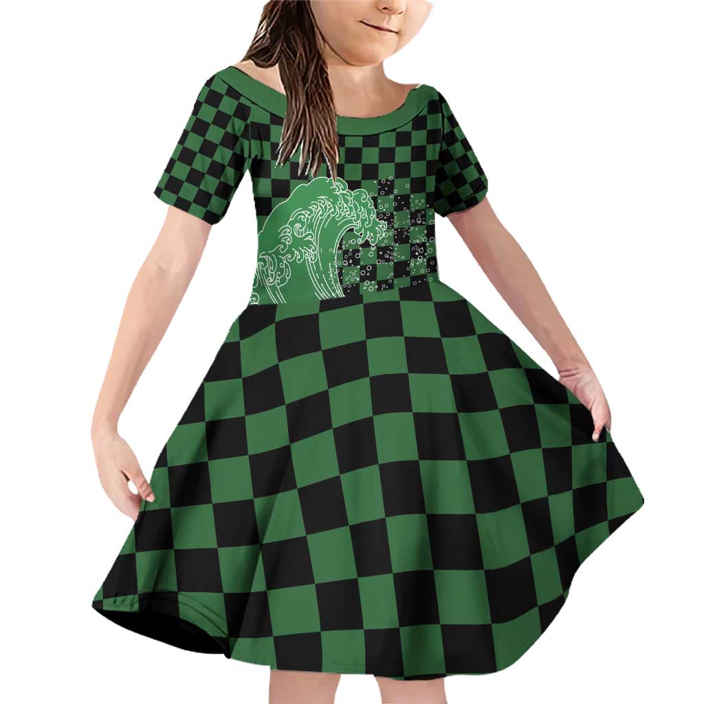 Japanese Asanoha Pattern Family Matching Off Shoulder Short Dress and Hawaiian Shirt Water Breathing Slayer Dragon LT9 Daughter's Dress Green - Polynesian Pride