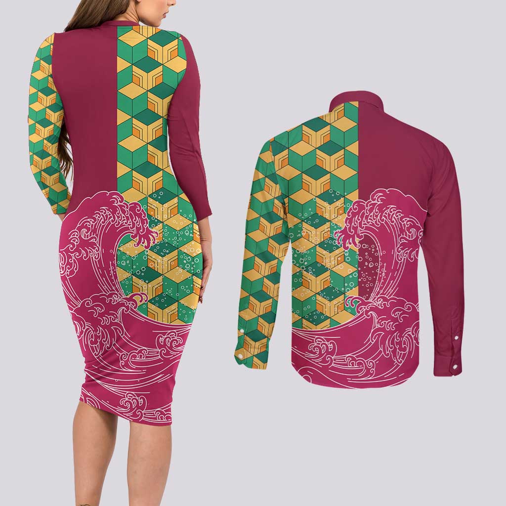 Japanese Bishamon-Kikkou Pattern Couples Matching Long Sleeve Bodycon Dress and Long Sleeve Button Shirt Water Pillar Silent River Flow - Polynesian Pride